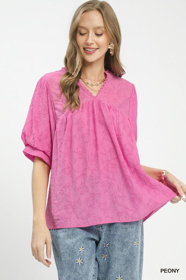 Textured Lace Trim V-Neck Boho Blouse