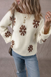 White Floral Sweater in soft acrylic blend knit for cozy everyday wear