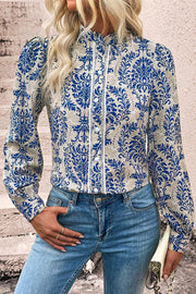 Bohemian lace shirt featuring subtle geometric print and stand neck