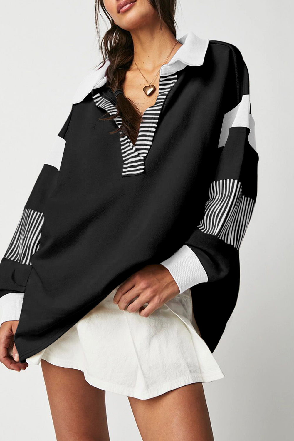 Black striped colorblock patchwork collar sweatshirt with relaxed pullover fit