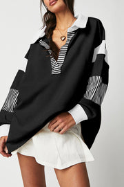 Black striped colorblock patchwork collar sweatshirt with relaxed pullover fit
