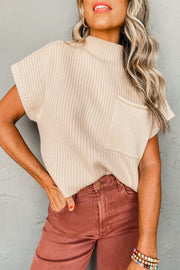 High-stretch ribbed knit pink sweater with short sleeves for a relaxed fit