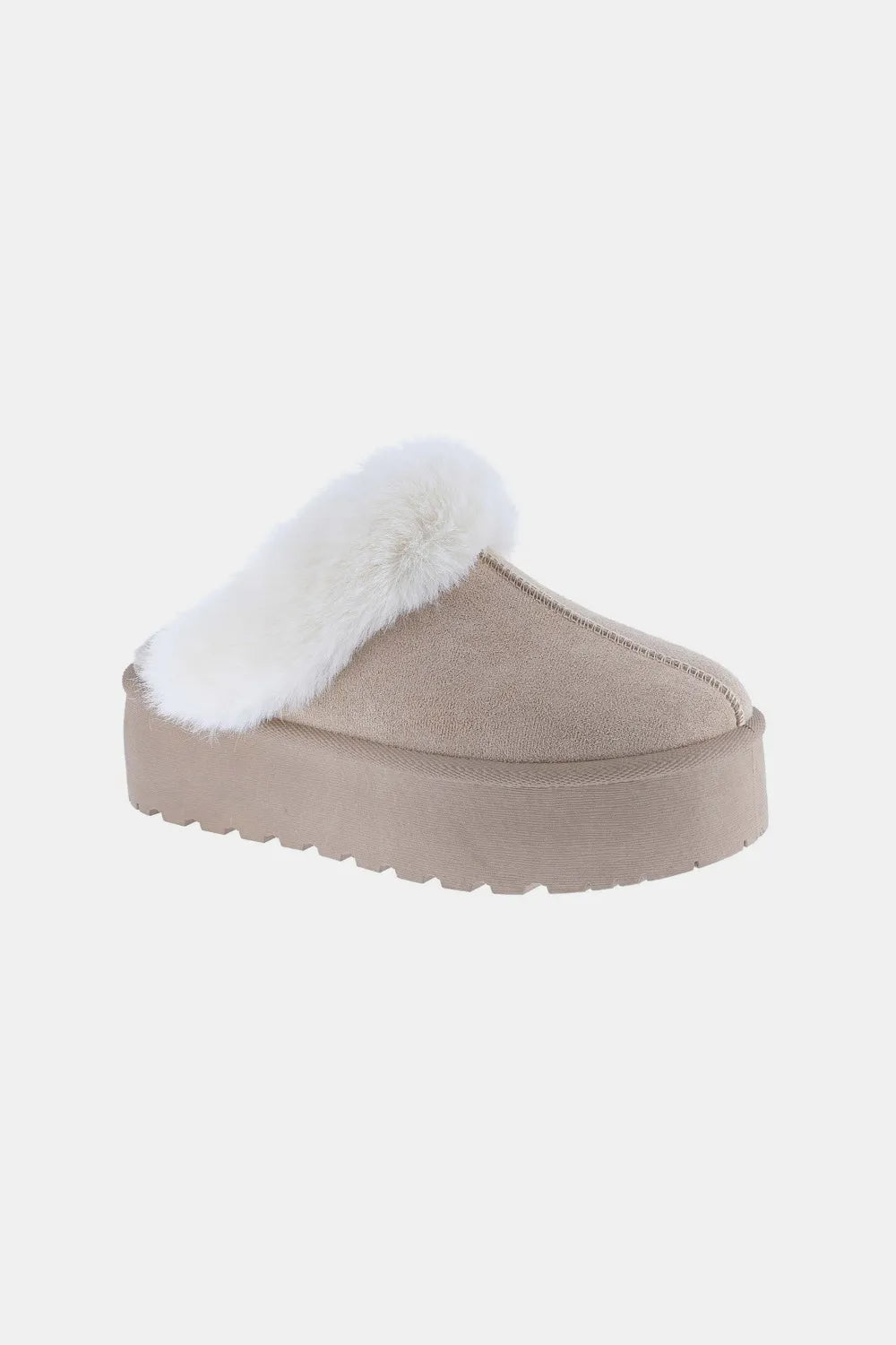 Beige fur-trimmed slip-on slipper with thick platform sole, shown at a side angle