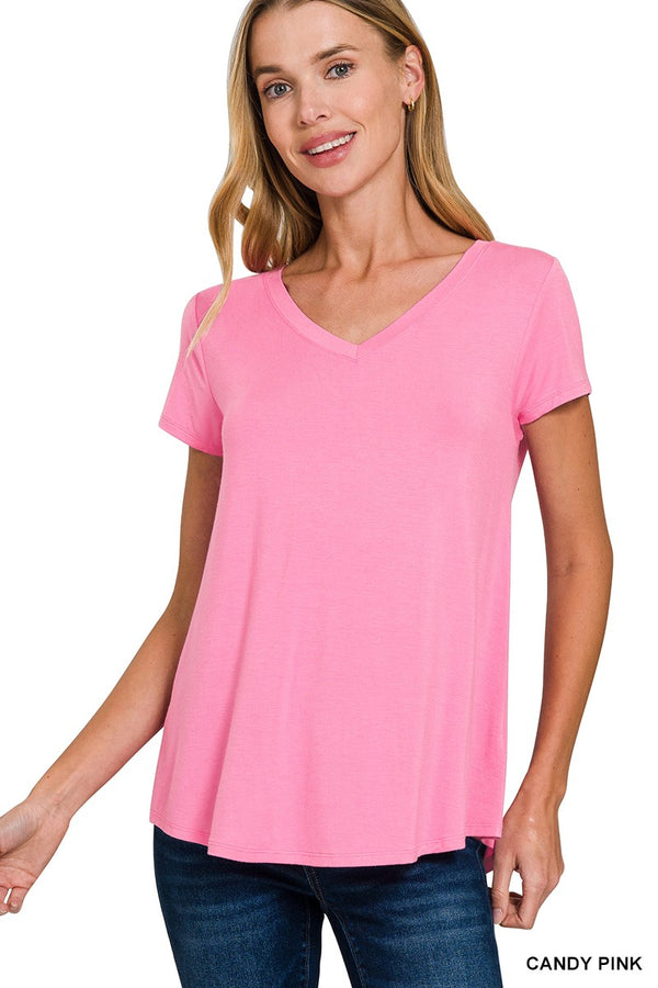 Rayon Short Sleeve V-Neck Top with Round Hem