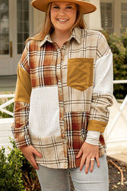 Turn-down shirt collar detail on golden apricot plaid shacket
