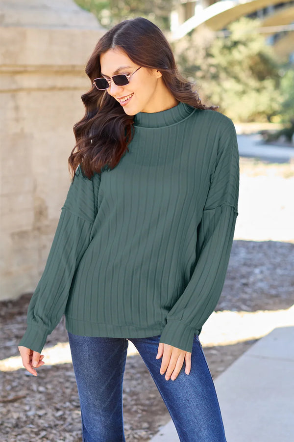 Ribbed Exposed Seam Mock Neck Knit Black Long Sleeve Top