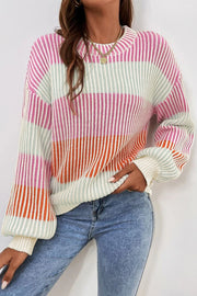 Pink colorblock textured knit sweater with crew neck