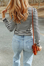 Striped textured knit long sleeve tee with body-skimming stretch fit