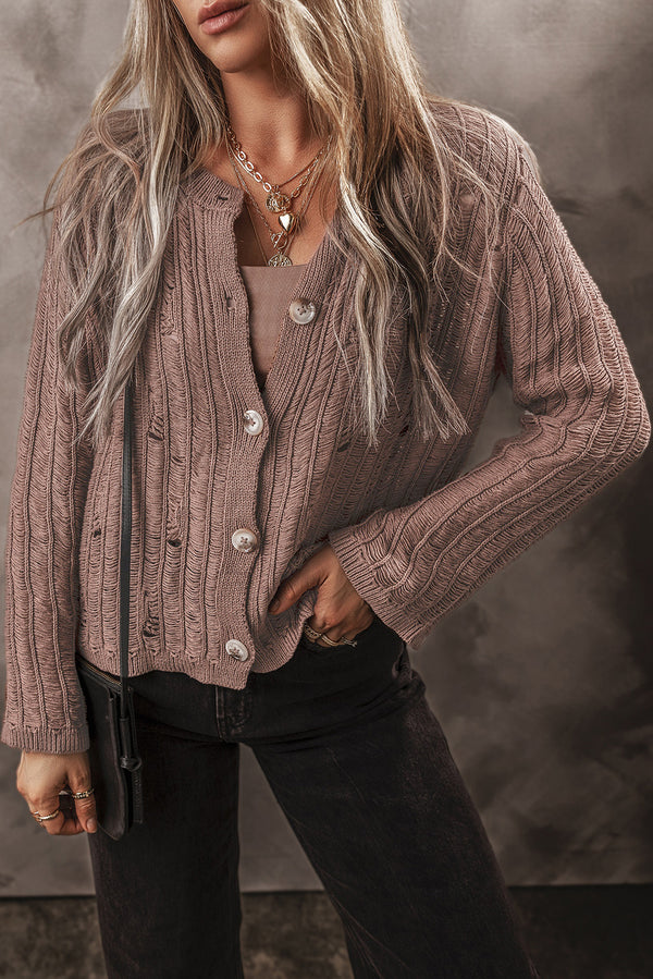 Cut-Out Textured Knit Buttoned Cardigan