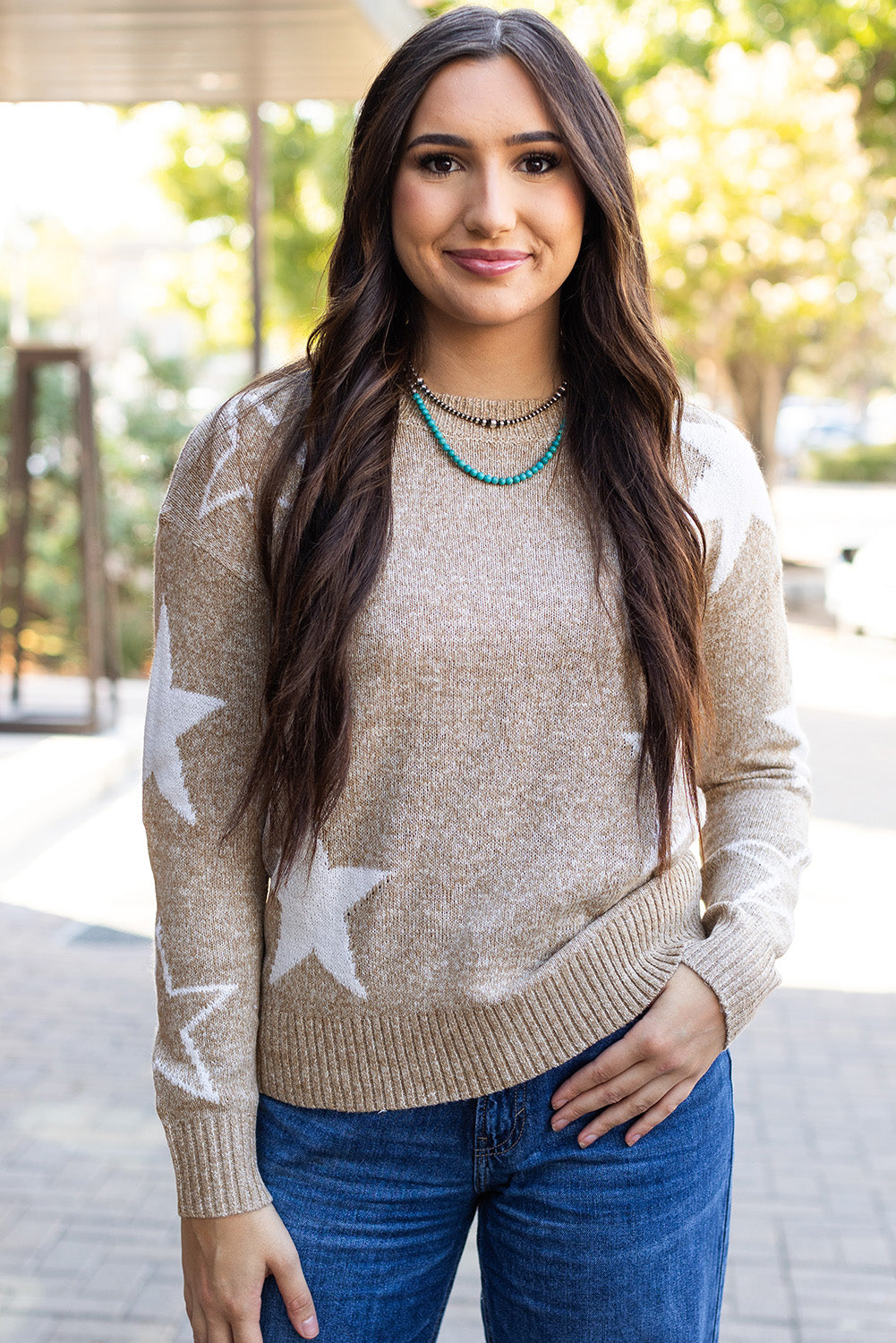 Khaki star pattern drop shoulder sweater with allover star print and round neck