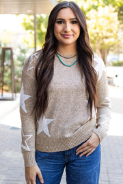 Khaki star pattern drop shoulder sweater with allover star print and round neck