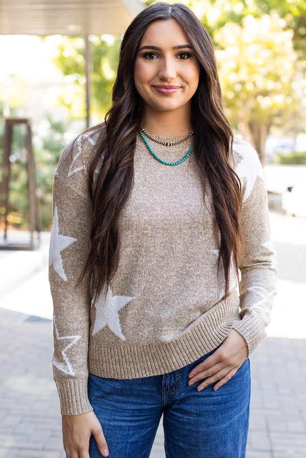 Oversized Khaki Star Pattern Drop Shoulder Round Neck Sweater
