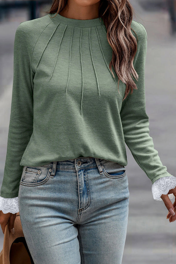 Grass Green Lace Cuff Raglan Long Sleeve Top