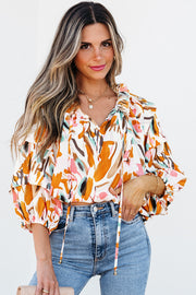 Yellow abstract print frilled V-neck blouse with 3/4 sleeves