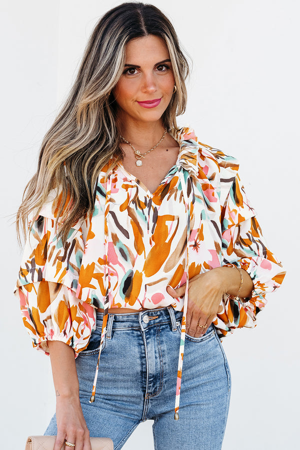 Yellow Abstract Print Frilled V-Neck 3/4 Sleeve Blouse