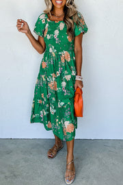 Green floral bubble sleeve smocked tiered midi dress in green print