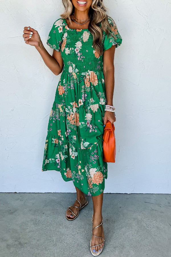 Green Floral Bubble Sleeve Smocked Tiered Midi Dress