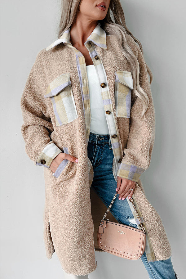Womens Coat Long Sherpa Plaid Patchwork Button-Up in Smoke Gray