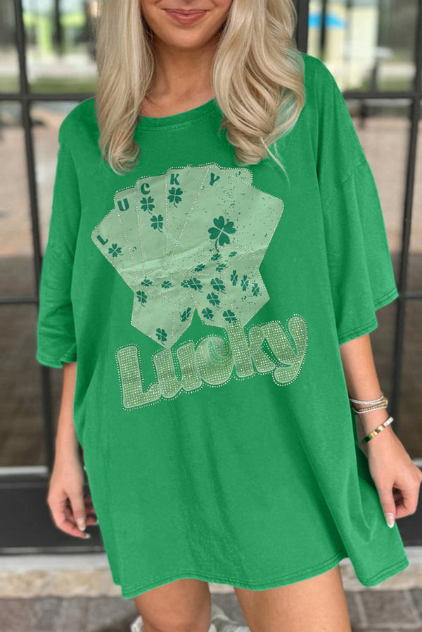 Bright Green Rhinestone Poker Cards Oversized T-Shirt Mini Dress