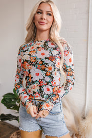Floral mesh long sleeve crop top with high-stretch fabric