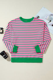 Cozy waffle knit pink stripe crew neck sweatshirt in a roomy plus fit