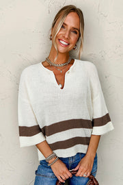 Short sleeve knit sweater in brown stripe with notched V-neckline