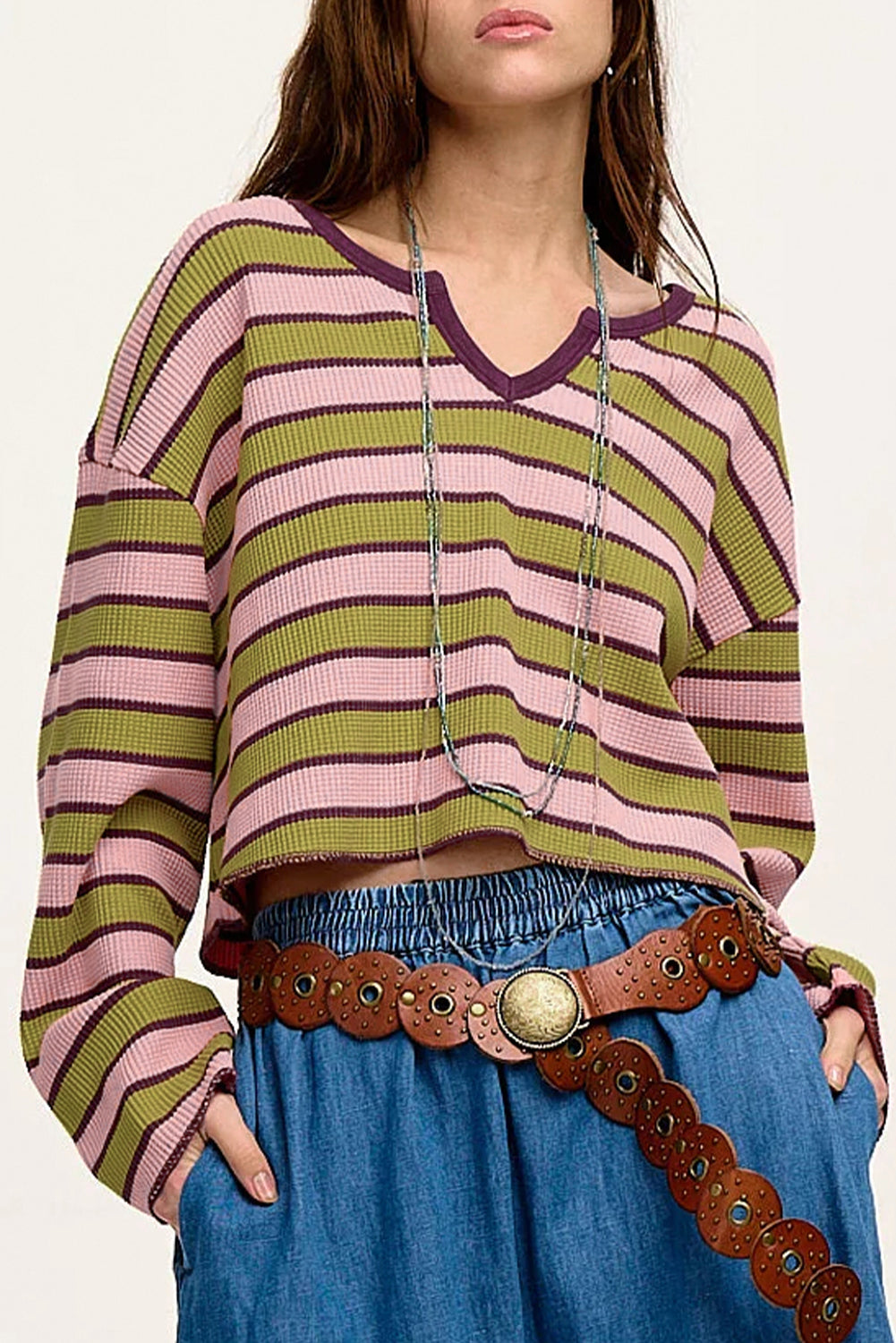 Spinach Green Striped Waffle Notched Neck Long Sleeve Top in soft waffle-knit fabric