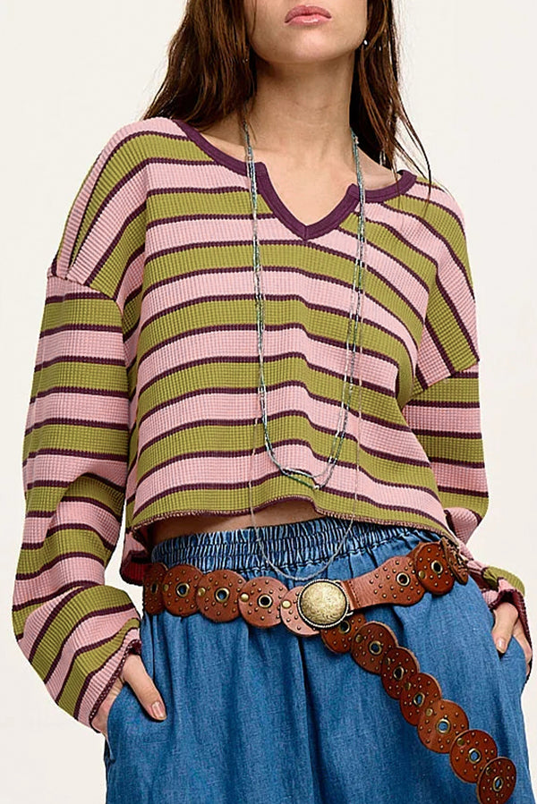 Spinach Green Striped Waffle Notched Neck Long Sleeve Top