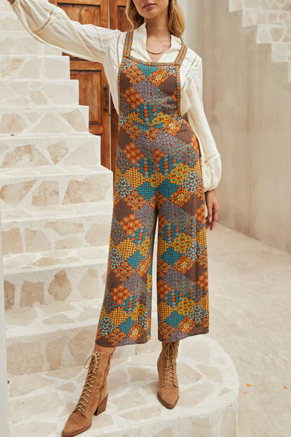 Boho Floral Crossed-Strap Ankle-Length Jumpsuit