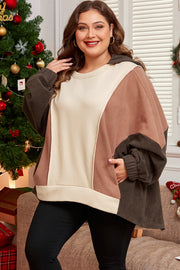Brown patchwork hoodie with relaxed shift silhouette for fuller figures
