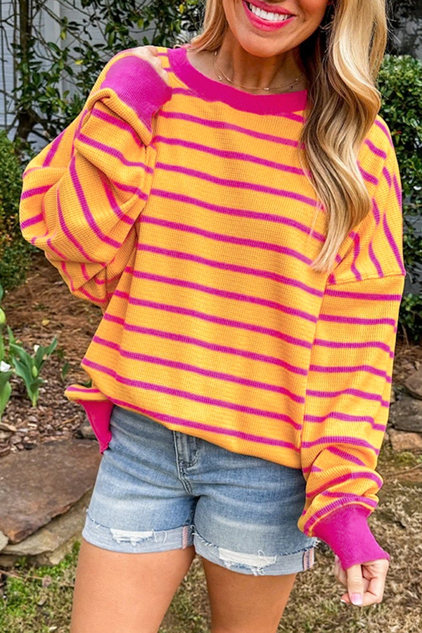 Orange Stripe Drop-Shoulder Loose Knit Sweater