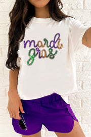 Sequin Mardi Gras graphic tee showing relaxed crewneck and short sleeves