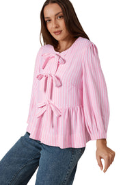 Pink stripe blouse in soft polyester viscose blend fabric