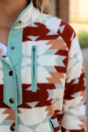 Relaxed shift silhouette Western Aztec fleece jacket detail