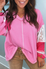 Bonbon long sleeve floral lace V-neck rib knit blouse with color-block accents