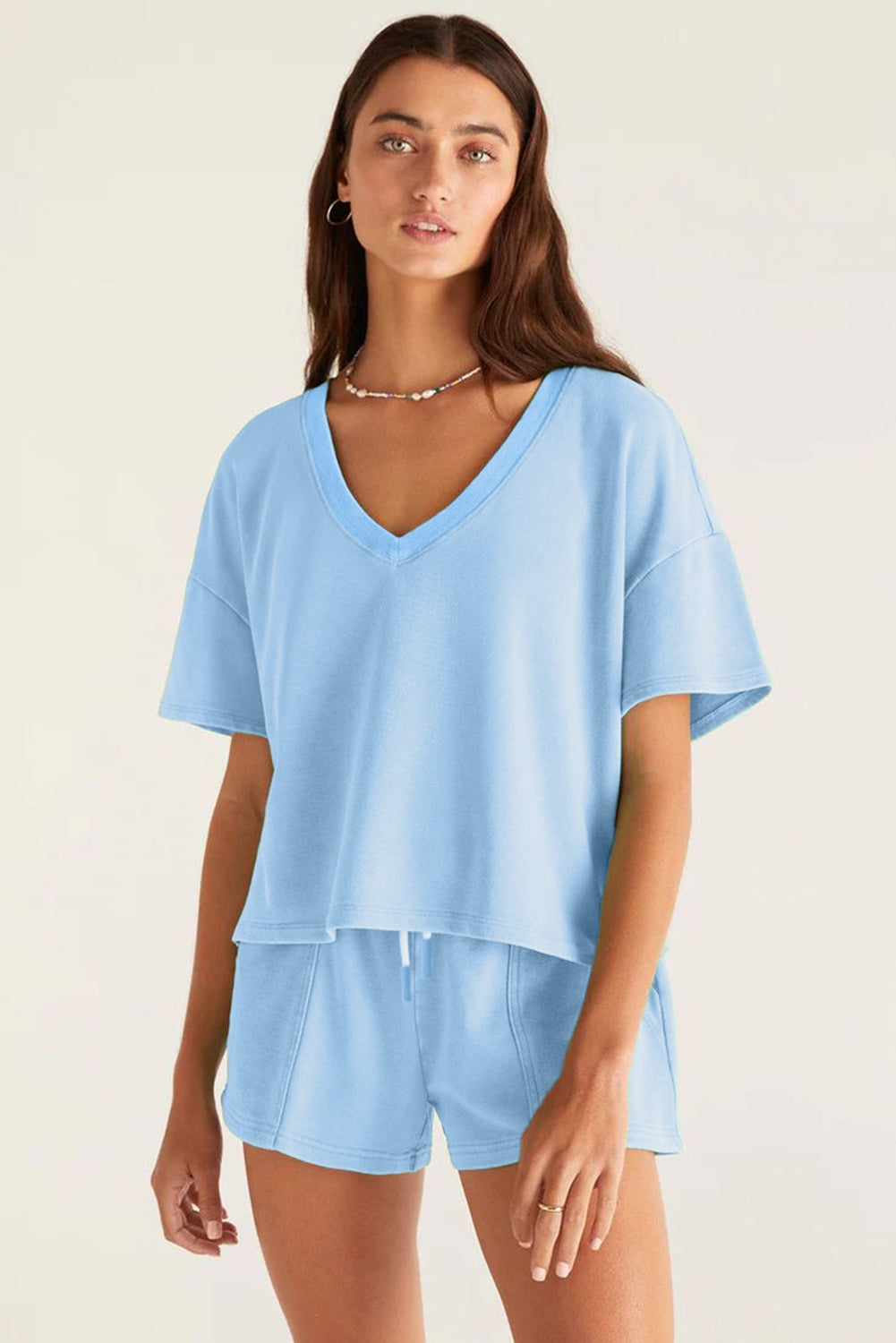 V Neck Drop Shoulder Tee and Patchwork Drawstring Elastic Waistband Shorts Set