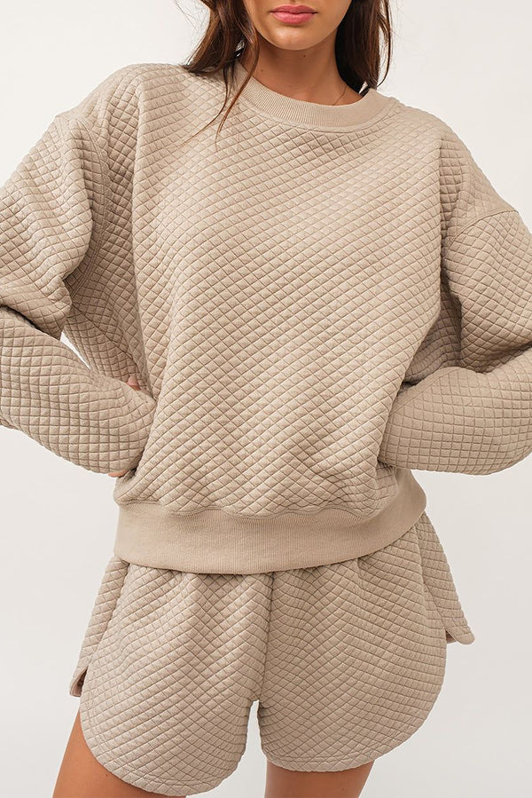 Parchment Quilted Long Sleeve Shorts Set in Khaki