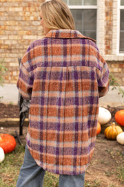 Plaid plus size jacket showing easy front button closure