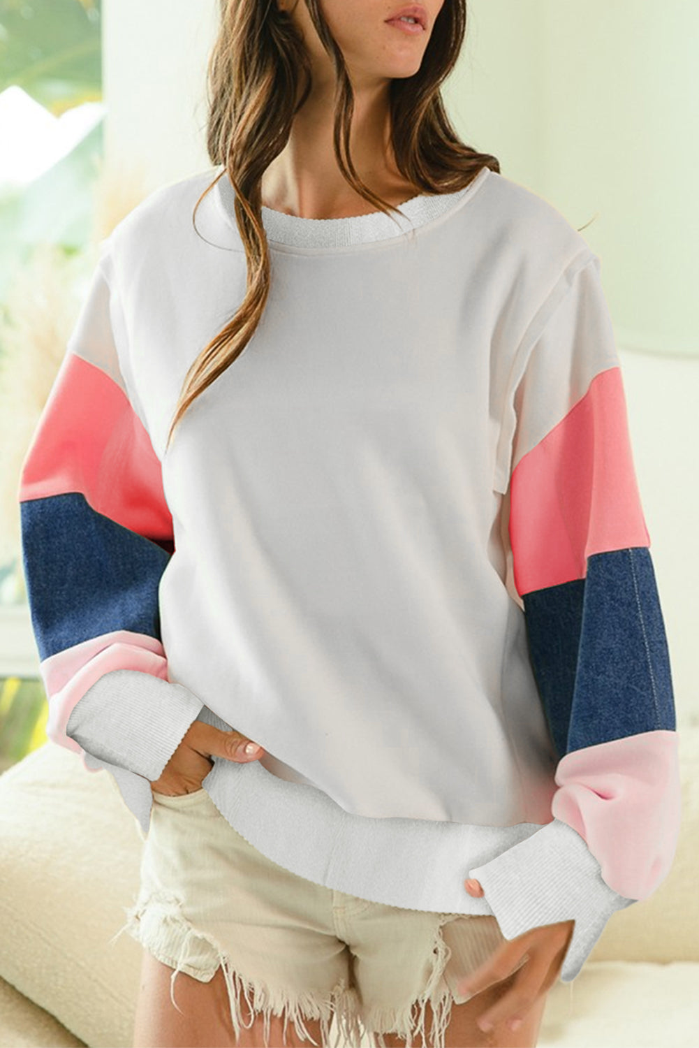 White French Terry Color Block Long Sleeve Top with bold paneling and crew neckline