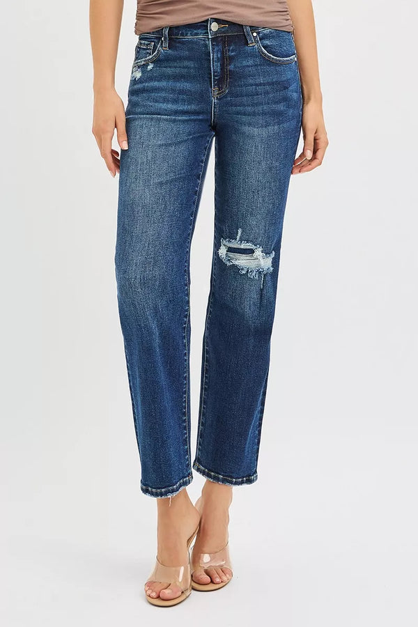 High Waisted Jeans — RISEN Slim Straight Crop with Hidden Knee Patch
