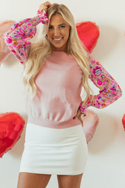 Colorblock floral patchwork sweater top with high stretch knit