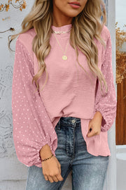 Gossamer Pink Swiss dot balloon sleeve blouse in relaxed shift fit