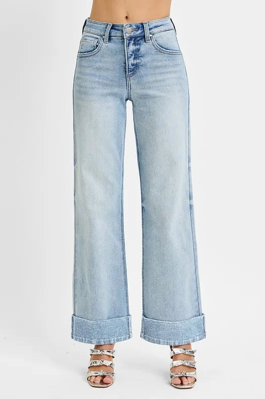 High Waisted Jeans with Tummy Control & Wide Cuffed Ankle (Plus Size 0–3XL)