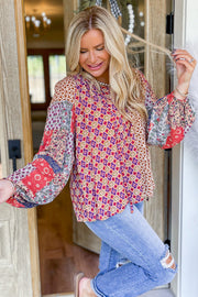 Long sleeve mixed floral and color-block blouse