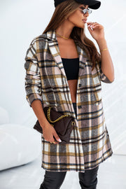 Pink plaid lapel shacket with button front and tunic-length cut