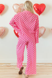 Buttoned front pink plaid pajama shirt styled for cozy at-home loungewear