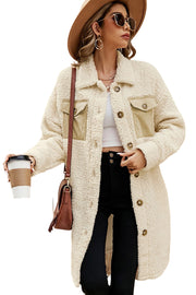 Long teddy coat with relaxed shift silhouette and long sleeves