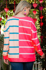 Plus size rose stripe long sleeve top in relaxed shift silhouette