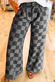 Dark Grey Checkered Wide Leg Jeans in dark grey plaid denim