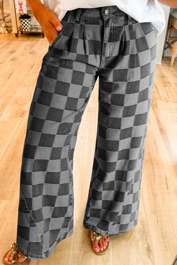 Dark Grey Checkered Wide-Leg Denim Jeans